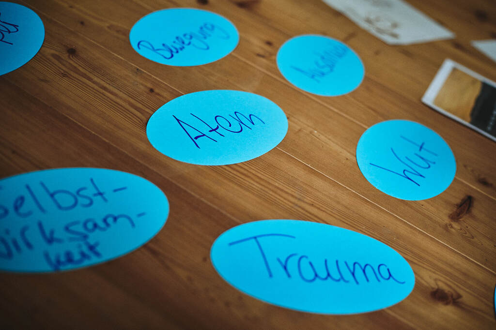 Coaching-Prozess in der Gruppe, Karten mit Assoziationen und Begriffen: Atem, Trauma, Bewegung, Wut